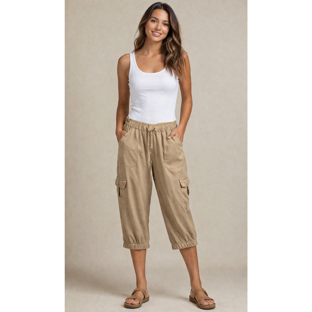 Cache Capri Cargo 100% Tencel Silk Self Belt Elastic Waist Pant Bottom NWT $98